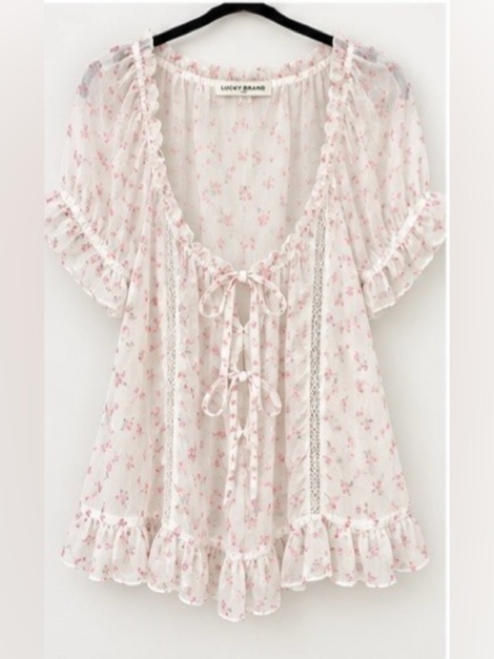 Lucky Brand Light Pink Floral Ruffle Tie-Front Blouse